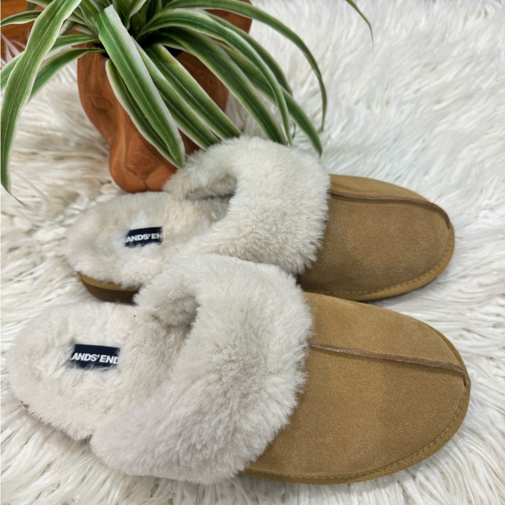 Lands' End Brown Suede Slippers with Cream Fur